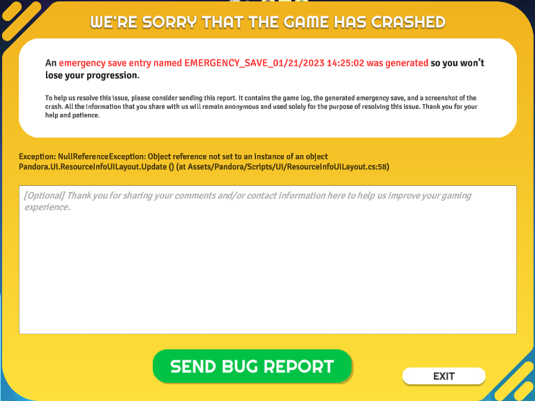 Error report screen